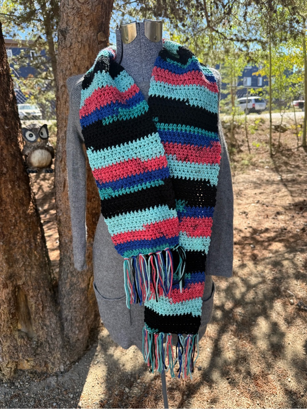 Striped Crochet Fringe Scarf in Black, Teal & Coral